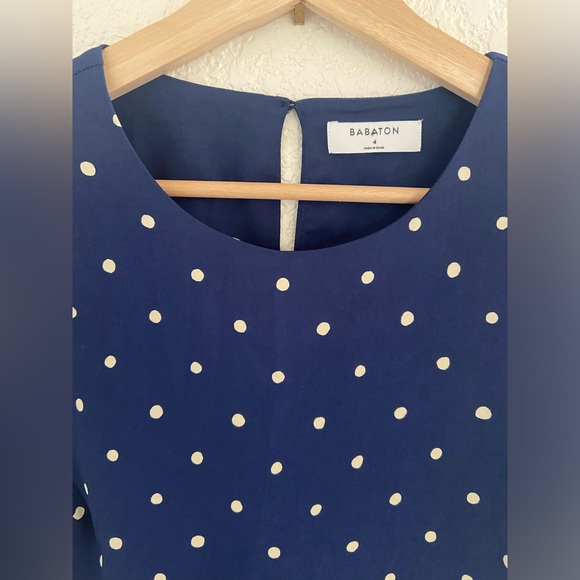 Aritzia Babaton Hamptons jumpsuit polka dot navy blue culottes cut-out back - Picture 4 of 5